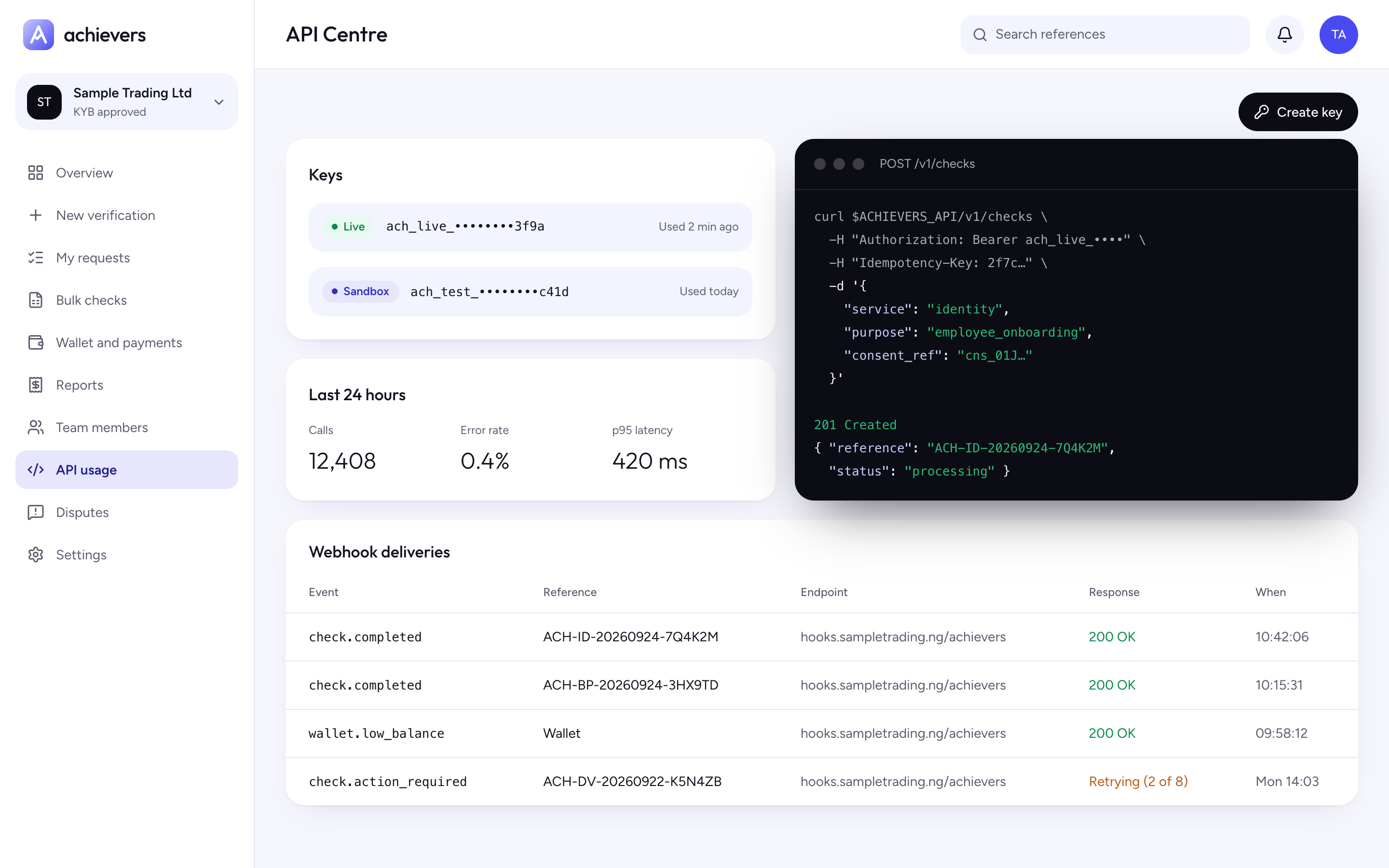 API Centre with keys, usage and webhook deliveries