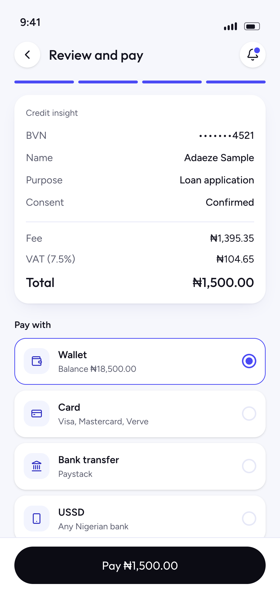 Review screen for a credit insight request, with the BVN masked, fee and VAT