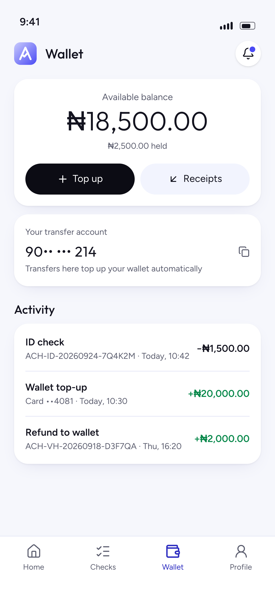 Wallet screen with balance, transfer account and activity